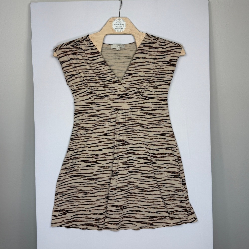 LOFT Women's Size L Tiger Stripe Faux Wrap Cap Sleeve Dress Brown Black